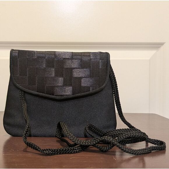 Vintage Black Woven Satin Mini Purse with Strap - Picture 2 of 5